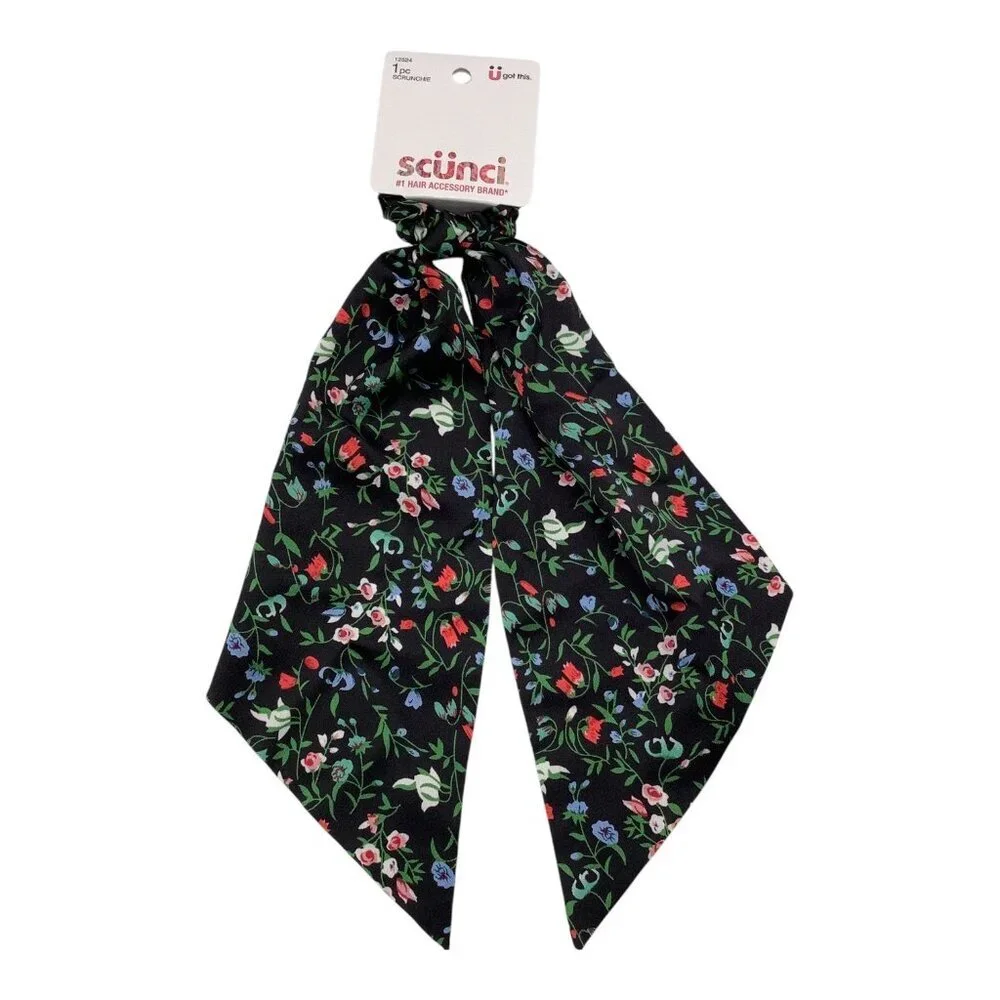 Scunci U Got This Women's Black Floral Satin Hair Scrunchie Scarf 12524